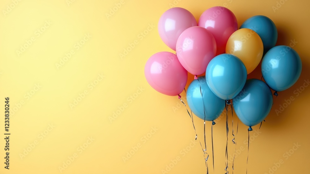 Aufkleber colorful party balloons in a cluster on a bright yellow background with ample copyspace for text and