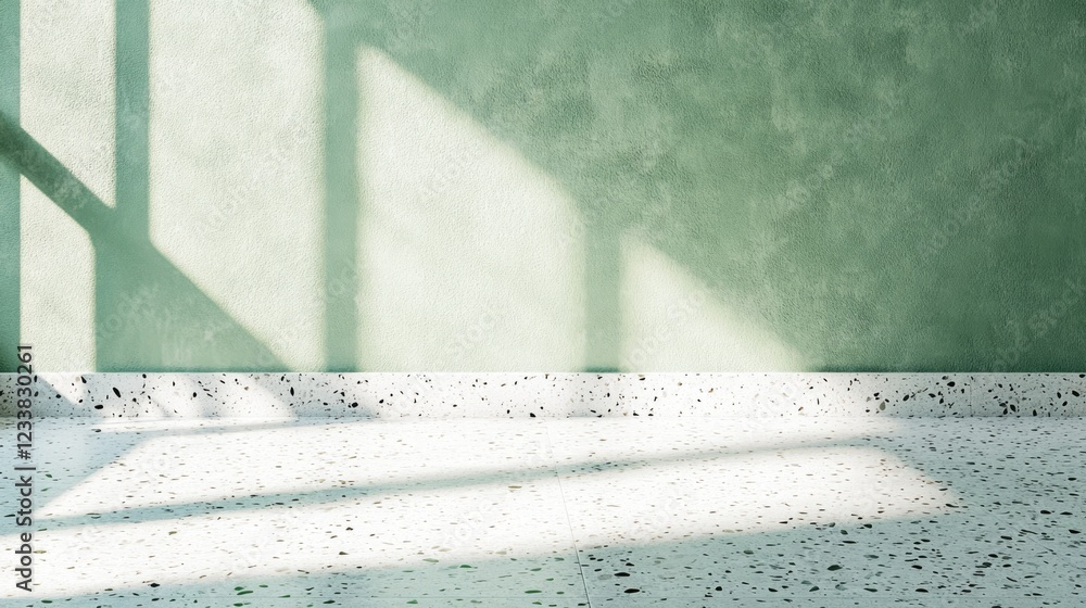Poster sunlit green terrazzo flooring with white stone texture and soft shadows creating an empty canvas fo