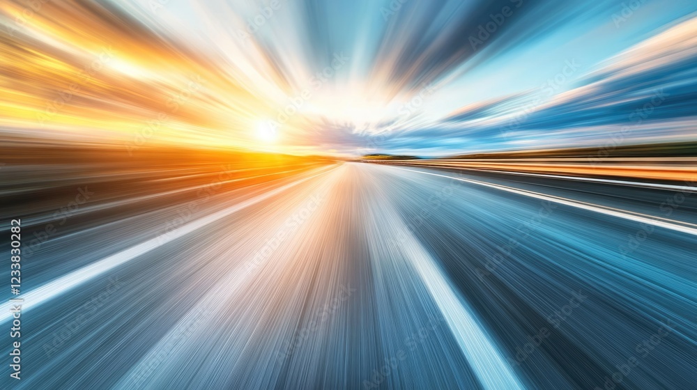 Poster sunset over an open highway captured in motion with blurred lines creating an ethereal effect and em