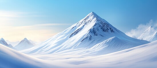 Snowy mountain peak landscape with clear blue sky and ample empty space for text or graphic overlay in a serene natural setting