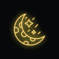 Neon yellow moon with craters is surrounded by shining stars on a black background