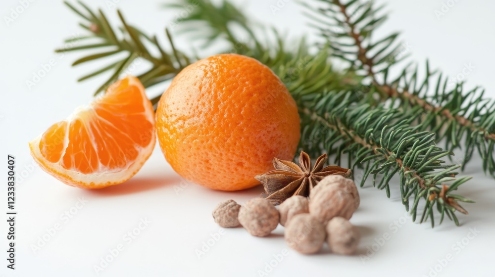 Aufkleber tangerine and cedarwood elements with empty copy space on a white background for creative and advert
