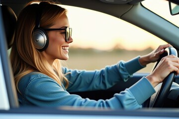 A Young Woman Happily Driving a Car While Listening to Music on Headphones During a Scenic Sunset Drive, Capturing the Joy of Freedom and Relaxation