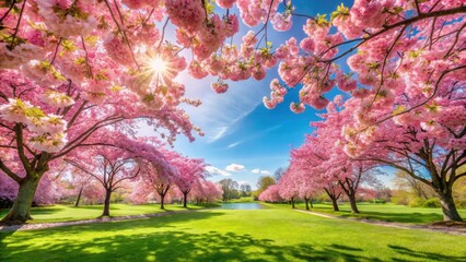 Serene springtime scene with pink cherry blossoms blooming against a blue sky in a peaceful park setting, cherry blossoms, spring