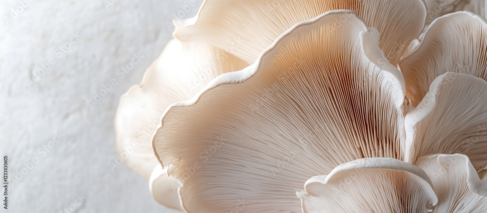 Poster close-up of delicate oyster mushrooms with soft white background and ample copy space for text place