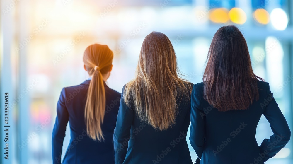 Poster three businesswomen standing back to camera with blurred background and empty copyspace for text in 