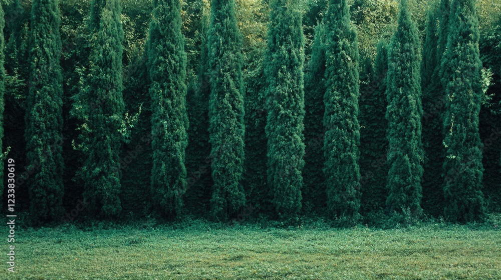 Poster dense green wall of tall evergreen trees in a serene forest setting providing ample empty space for 