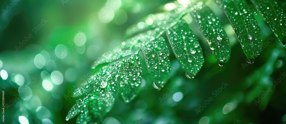 Poster close-up of fern leaf with water droplets on green background featuring bokeh effect and available c