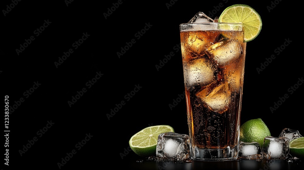 Poster refreshing cola drink with lime and ice cubes on dark background with copyspace for beverage adverti