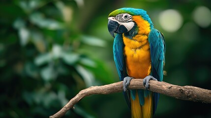 Fototapeta premium Colorful macaw perched on a branch surrounded by lush green foliage showcasing vibrant feathers and natural beauty in a tropical setting.