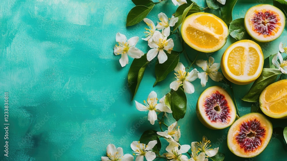 Aufkleber fresh citrus fruits and blossoms arranged on a textured turquoise background with ample copy space f