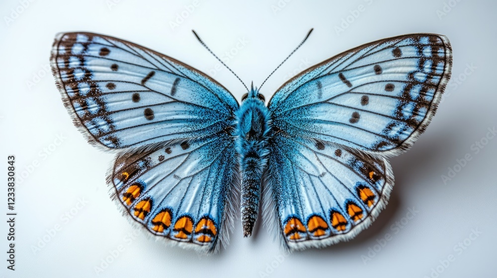 Poster common blue butterfly resting on a white surface with ample empty space for text and design applicat