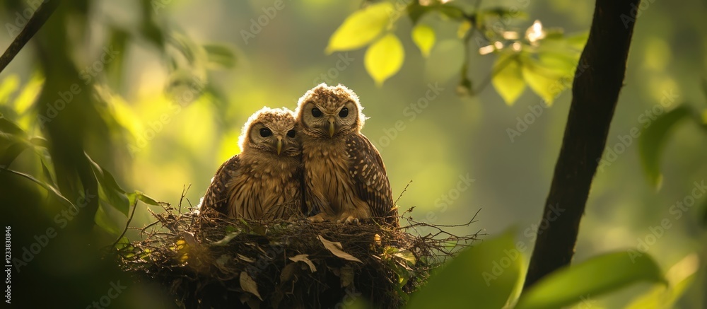 Poster two juvenile owls perched together on a nest surrounded by lush green foliage with soft sunlight fil
