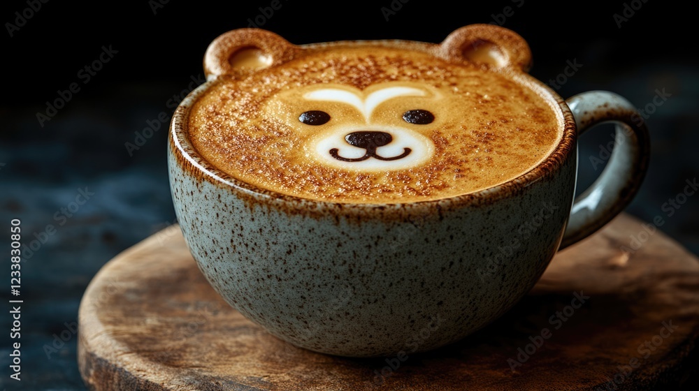 Poster cappuccino with bear face latte art on wooden surface with blurred background and ample copyspace fo