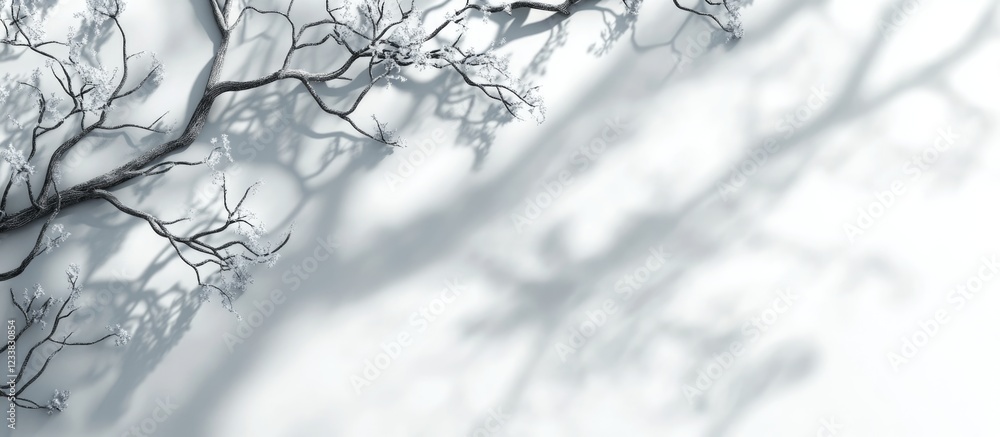 Poster beautiful sunlight shadows on frozen tree branches with ample blank space for text and design in a w