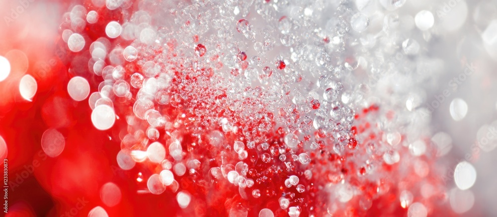 Poster red and white bokeh background with vibrant bubble texture
