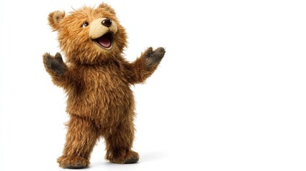 Furry cute teddy bear toy singing and talking isolated on white background with ample copyspace for text and creative designs
