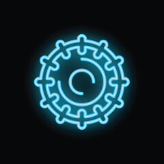 Blue neon virus icon glowing on dark background representing concepts of disease and global pandemic
