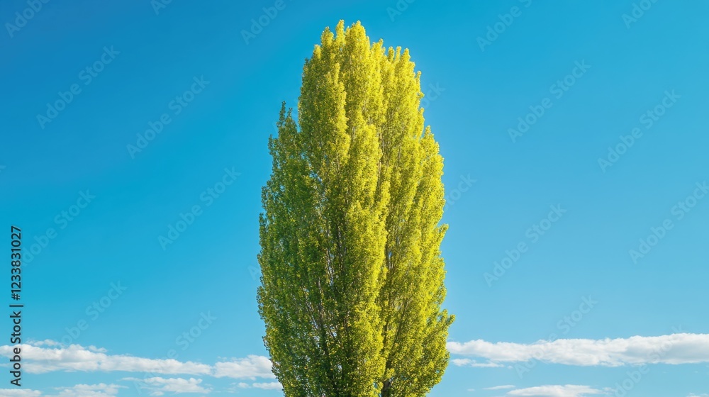 Aufkleber lone tall poplar tree against clear blue sky in park setting with bright sunlight and open space for