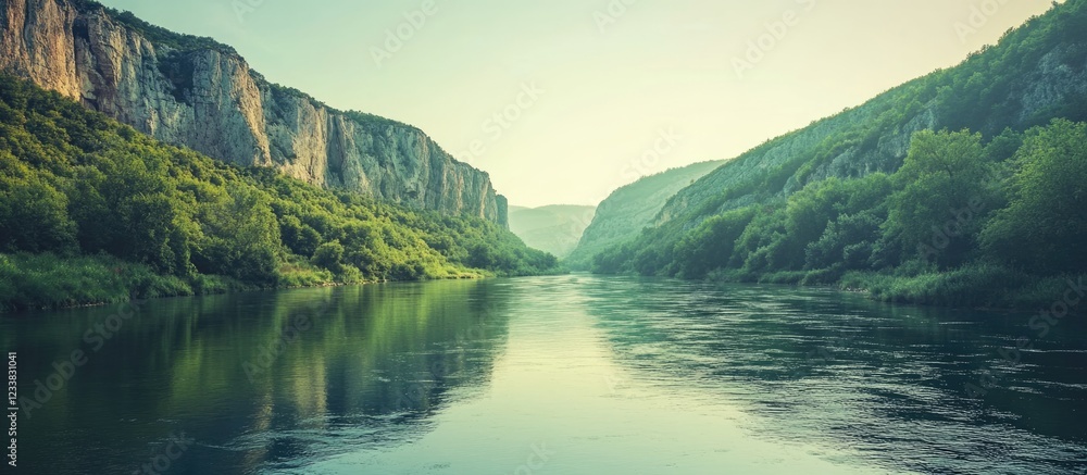 Poster scenic river meandering through lush green canyon landscape with ample empty space for text or desig