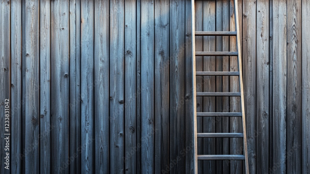 Poster ladder positioned against a weathered wooden wall with ample empty space for text or design elements