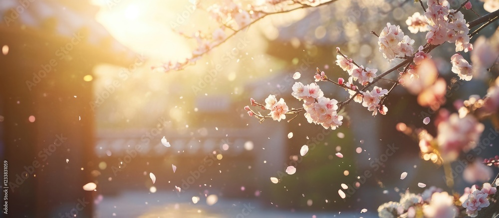 Aufkleber cherry blossom branches with sunlight filtering through, creating a soft bokeh effect, petals fallin