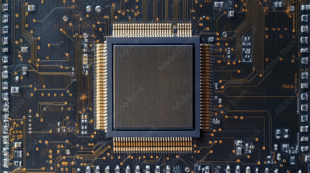 Poster microchip with surface mount technology highlighting intricate circuit design and ample copy space f