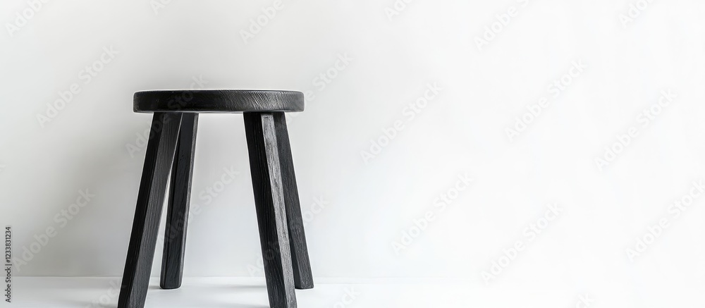 Poster black three legged stool on white background minimalist furniture design with empty space for text o