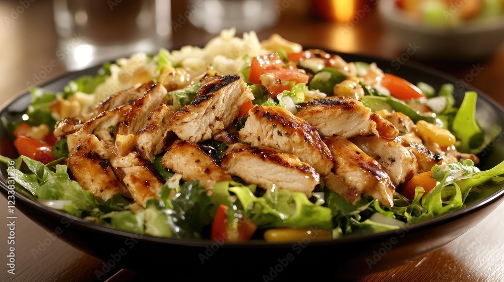 Poster grilled chicken salad with fresh vegetables and dressing in a rustic setting