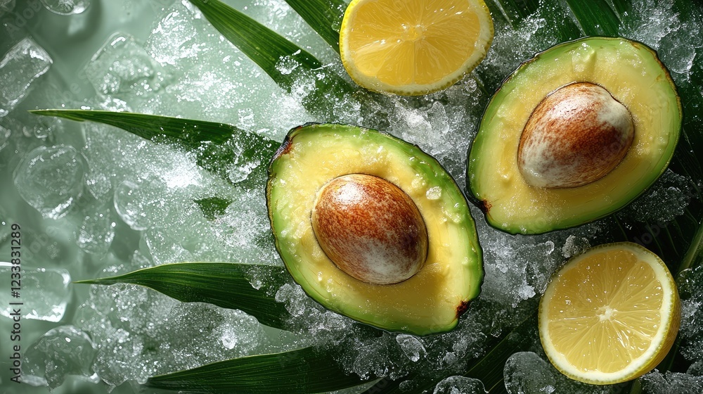 Poster avocado halves on ice with palm leaves and lemon slices creating a refreshing tropical flat lay back