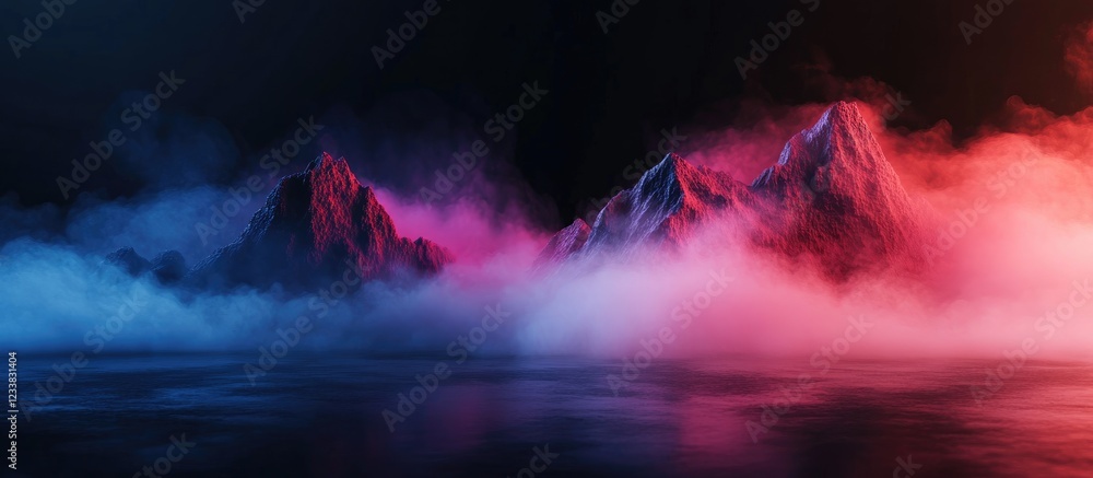Poster misty fog in a colorful abyss creating a dramatic dark background for creative product display and d