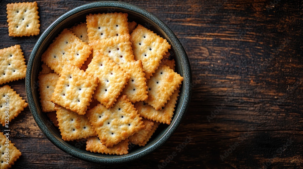 Poster top view of crispy crackers in a bowl with creamy dip on rustic wooden surface and empty space for t