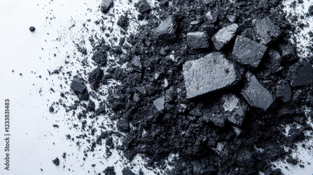 Poster charcoal ash with textured fragments on a white background providing ample copyspace for text or gra