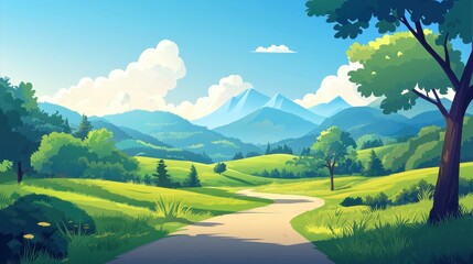 Serene Winding Path Through Lush Green Hills And Mountains