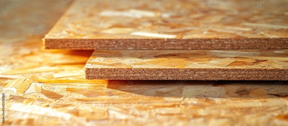 Aufkleber stack of oriented strand board (osb) panels close-up with warm light and texture detail