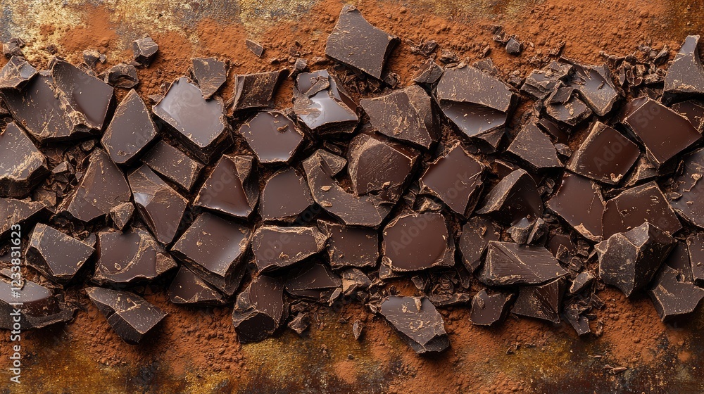 Poster broken dark chocolate pieces scattered on a rich cocoa powder surface creating an elegant backdrop f