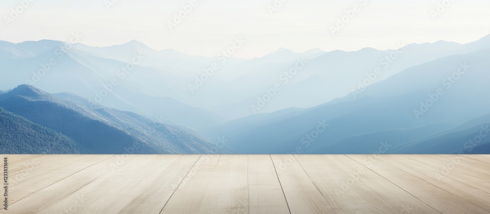 Poster serene mountain landscape with expansive foreground space for text overlay and soft hazy atmosphere 