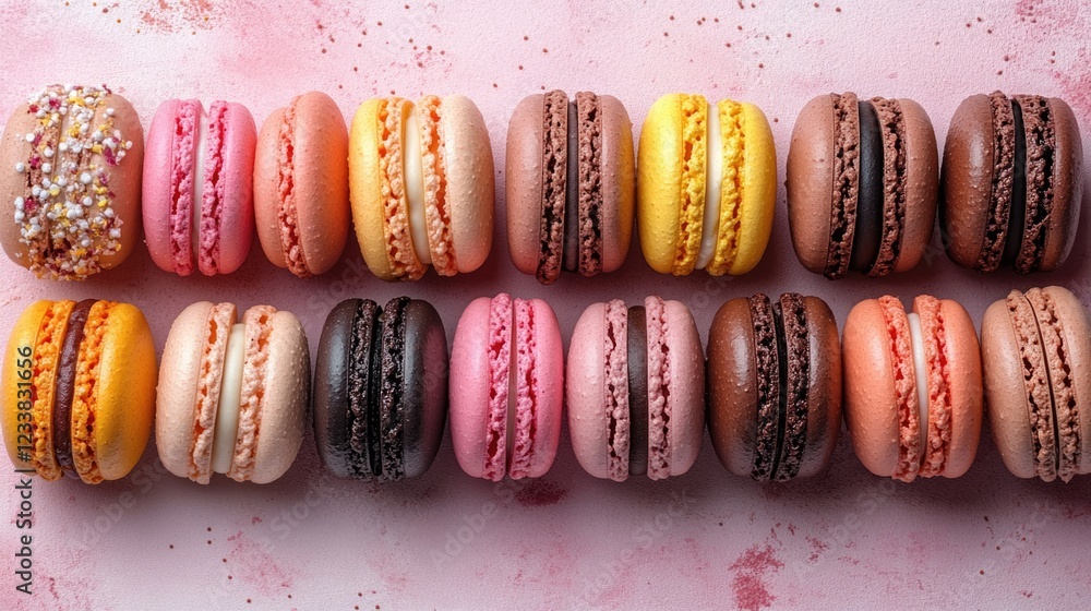 Poster colorful macarons arranged on a pink backdrop with ample empty space for text showcasing vibrant des
