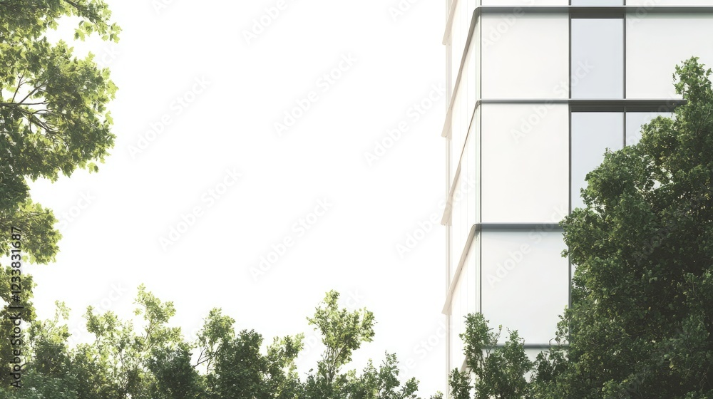 Poster modern skyscraper featuring expansive glass windows amid lush greenery with ample blank space for te
