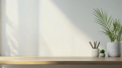 Fototapeta premium Modern minimalist home office featuring a wooden desk with decor elements and ample copyspace for promotional content or personal messages