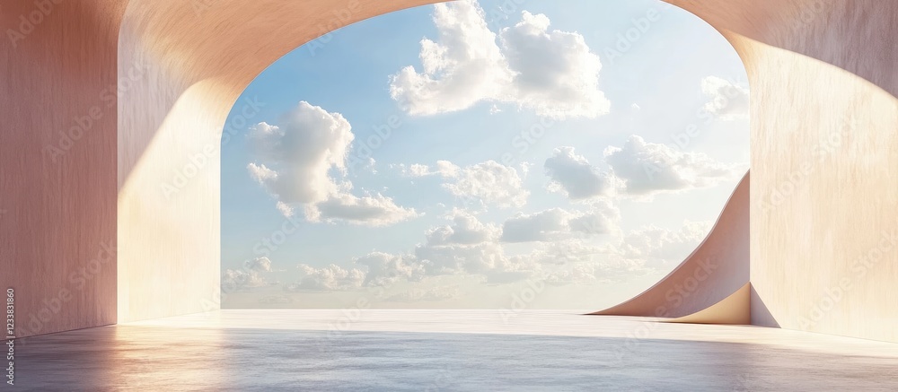 Poster abstract minimal stage with sunny field open sky and clouds perfect for product display and showcasi