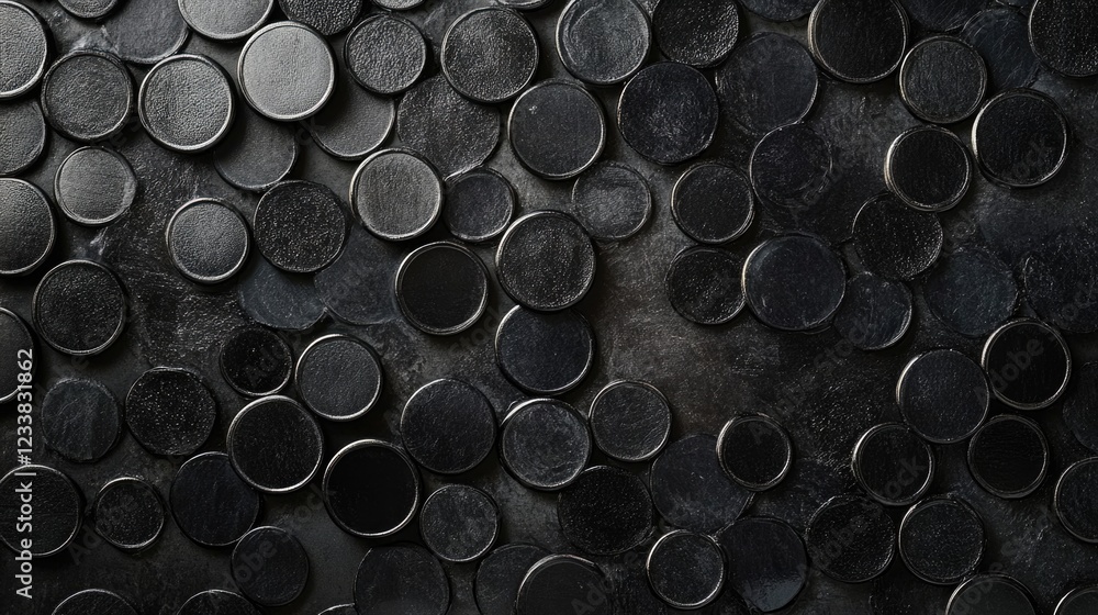 Poster black circular stones arranged on a dark surface creating a textured background with copy space for 