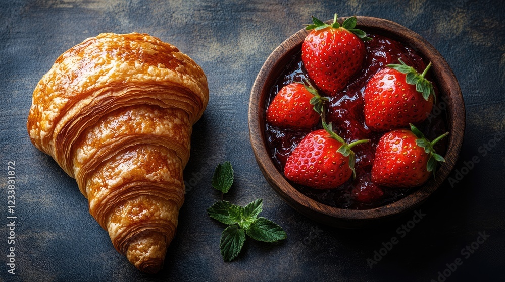 Aufkleber croissant with strawberry jam and fresh strawberries on rustic wooden surface with empty space for t