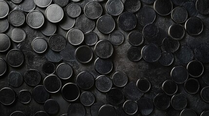 Black circular stones arranged on a dark surface creating a textured background with Copy Space for text.