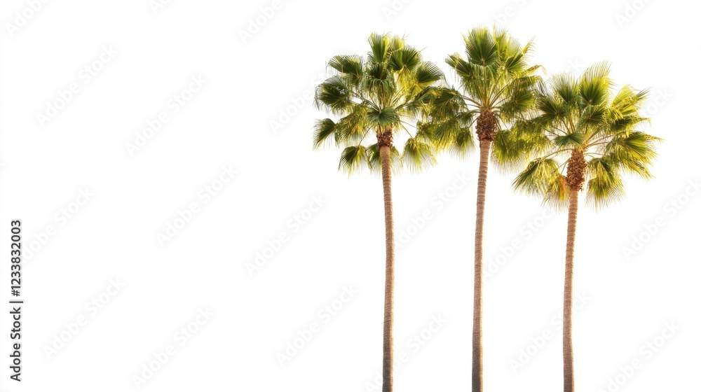 Poster tall palm trees with long trunks isolated on a white background providing ample empty space for text