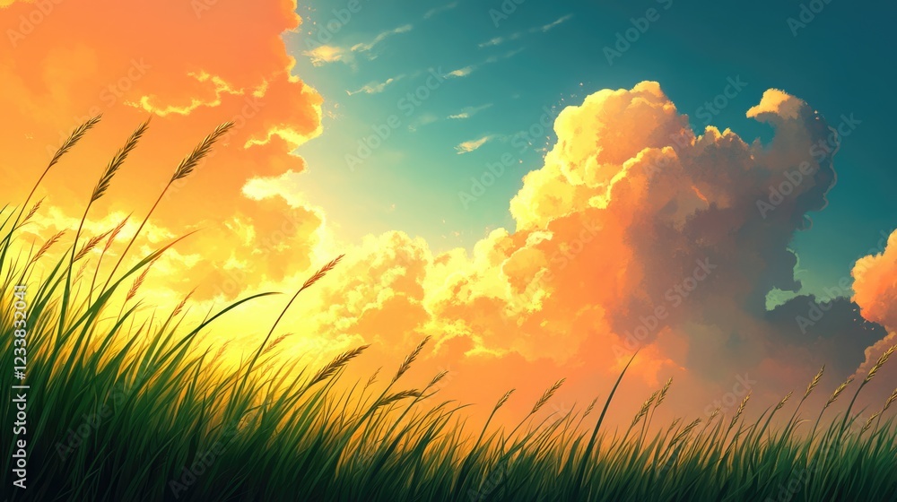 Poster scenic sunset over tall grass with dramatic clouds and open copyspace for text in wide format