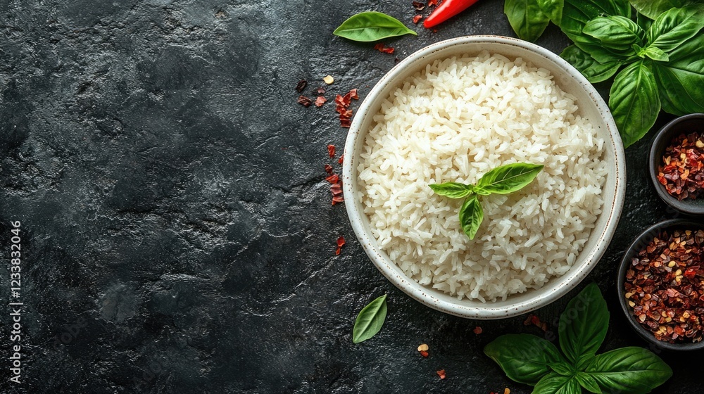Aufkleber cooked rice in a white bowl surrounded by spices and fresh basil on a dark rustic background with sp