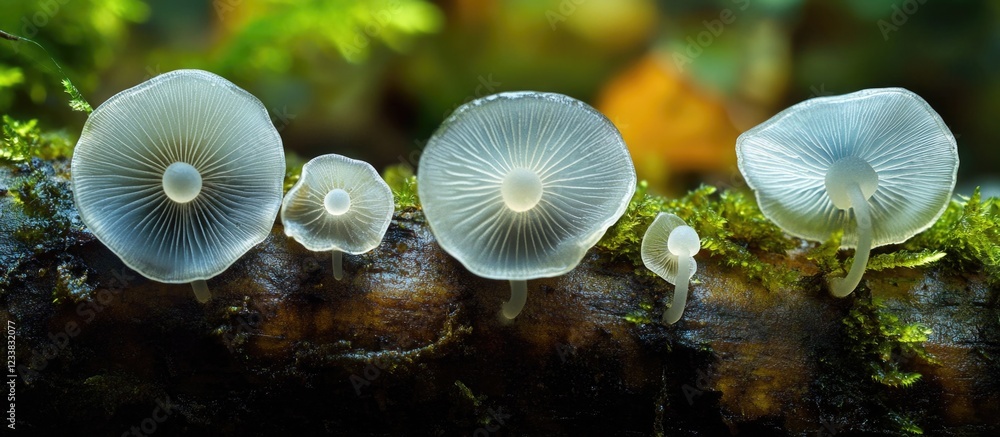 Poster mushroom cluster on a log with white caps and gills surrounded by green moss copy space