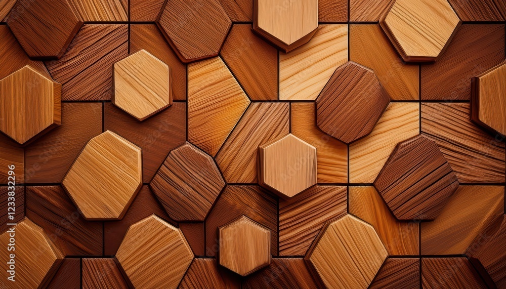 Poster striking geometric pattern of interlocking wood hexagons in a natural setting, showcasing artistic c