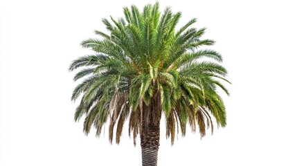 Tall palm tree isolated on white background ideal for tropical themes and design projects with copyspace for text and branding opportunities.